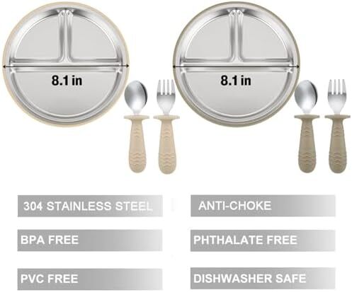 پک ۲ عددی بشقاب‌های مکش استیل ضد زنگ پاندا ایر و پک ۲ عددی قاشق و چنگال، ست ظروف کودک، بشقاب‌های تقسیم شده برای تغذیه خودرهبری نوزاد، بدون BPA (قهوه‌ای/گردویی) Image