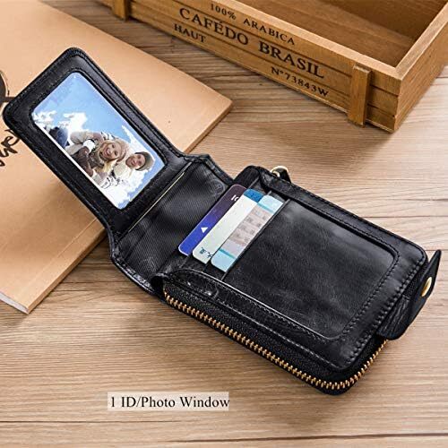 کیف پول مردانه RFID چرم اصل BULLCAPTAIN با ظرفیت بزرگ کارت شناسایی با جیب سکه زیپ QB-231، مشکی، کوچک، مینیمالیستی Image