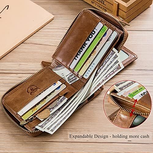 کیف پول مردانه RFID چرم اصل BULLCAPTAIN با ظرفیت بزرگ کارت شناسایی با جیب سکه زیپ QB-231، قهوه ای، کوچک، مینیمالیستی Image
