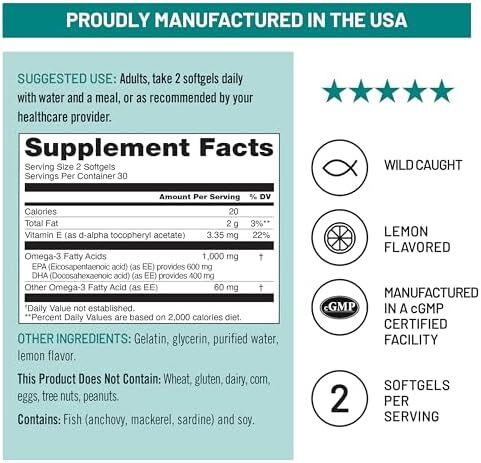 مکمل روغن ماهی امگا 3 با قدرت اضافی نیچر وایز - 1000 میلی‌گرم در هر وعده - 600 EPA و 400 DHA و ویتامین E - حمایت از سلامت قلب و مغز - طعم لیمو، غیرتراریخته - 60 کپسول نرم (یک ماه تأمین) Image
