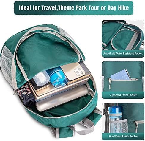 کوله‌پشتی کوچک قابل بسته‌بندی ZOMAKE 20L، کوله‌پشتی کوچک تاشو پیاده‌روی - کیف مسافرتی کوله‌پشتی ضد آب جیبی برای کمپینگ ورزشی مردانه در فضای باز، زنان، مدرسه راهپیمایی، سفر با دوچرخه Image