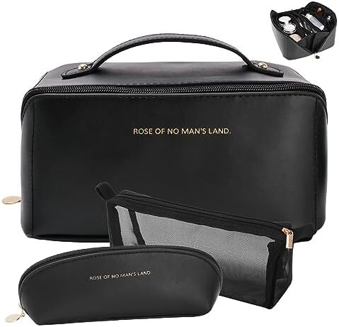 کیف لوازم آرایش مسافرتی 3 عدد کیف لوازم آرایشی قابل حمل زنانه با ظرفیت بالا مجموعه کیف سازمان دهنده کیف آرایشی تخت از 3 عدد کیف آرایشی ضد آب چرم PU با تقسیم کننده و دسته، مشکی، کیف های آرایشی Image