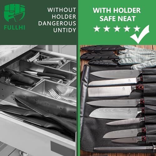 ست چاقو ژاپنی ۱۵ تکه FULLHI با نگهدارنده چاقو مغناطیسی، ست چاقو آشپزخانه استیل ضد زنگ با کیفیت بالا Image
