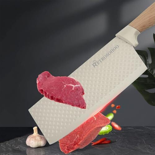 ست چاقو RETROSOHOO، 6 تکه چاقوهای تیز خاکی برای آشپزخانه، ست چاقوهای استیل ضد زنگ غیرچسبنده و غیرلغزنده با بلوک چاقوی جهانی مناسب برای خانه و رستوران (خاکی) Image