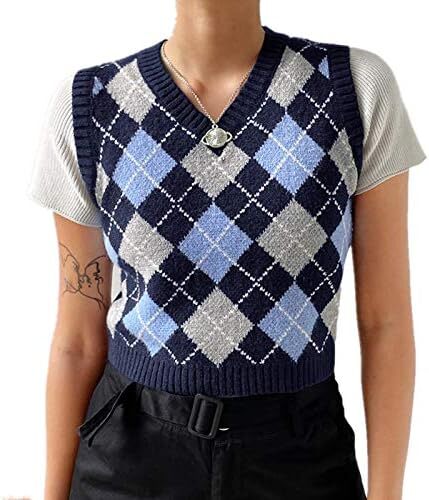 جلیقه ژاکت بافتنی Hyipels Argyle زنانه Y2K لباس بافتنی چهارخانه مدل لباس بافتنی Preppy Style V یقه تاپ تانک دخترانه Image