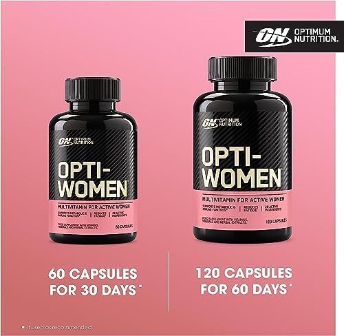 Optimum Nutrition (ON) Opti-Women، ویتامین C، روی و D برای حمایت از سیستم ایمنی کپسول مکمل مولتی ویتامین روزانه زنان با 23 ویتامین و مواد معدنی / 600 میلی گرم اسید فولیک / 18 میلی گرم آهن - 120 کپسول Image