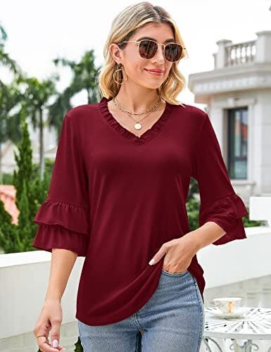 TFSDOD زنانه یقه V یقه 3/4 تاپ آستین زنگ دار یقه یقه دار پیراهن آستین دار یقه دار بلوزهای گشاد تابستانی تابستانی Image