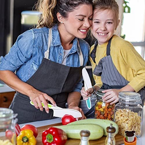 RISICULIS 14 Pieces toddler knife, Kids Knife Set Include Wood Kids Safe Knife, Plastic Toddler Knife, Cutting Board, Apron, Y Peeler, Crinkle Cutter, Kitchen Sleeves Covers, Gloves, Sandwich Cutter Image