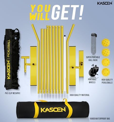 توری قابل حمل KASCEN Pickleball با چرخ - 22FT USAPA سایز تنظیمی توری Pickleball برای Driveway با نگهدارنده توپ، 4 Pickleball، کیف حمل برای فضای بیرونی سیاه سفید Image