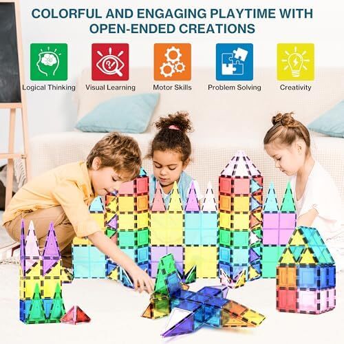 PicassoTiles 100Pc Set 100pc Magnet Building Tiles بلوک های ساختمانی سه بعدی مغناطیسی شفاف تابلوهای ساخت و ساز، خلاقیت فراتر از تصور، الهام بخش، تفریحی، آموزشی متعارف Image