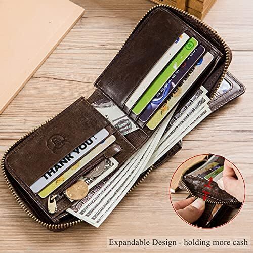 کیف پول مردانه RFID چرم اصل BULLCAPTAIN با ظرفیت بزرگ کارت شناسایی با جیب سکه زیپ QB-231، قهوه، S، مینیمالیستی Image