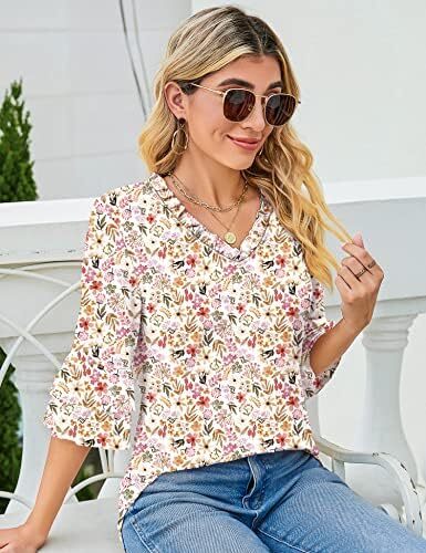 TFSDOD زنانه یقه V یقه 3/4 تاپ آستین زنگ دار یقه یقه دار پیراهن آستین دار یقه دار بلوزهای گشاد تابستانی تابستانی Image