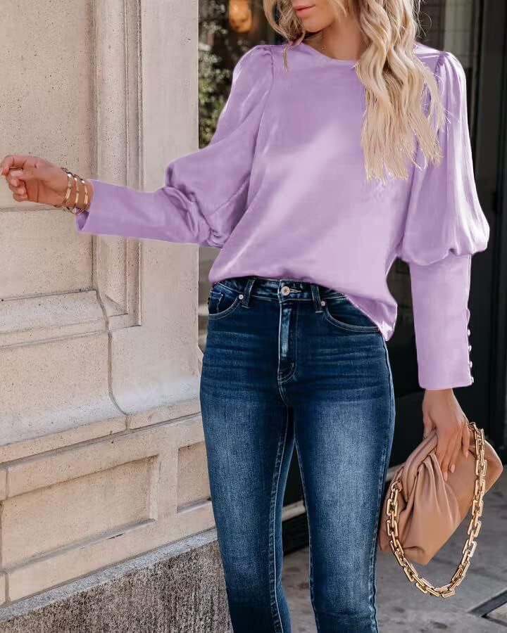 بلوز ساتن زنانه شیگانت پیراهن ابریشمی آستین بلند یقه خدمه تاپ تونیک کاری تجاری Image