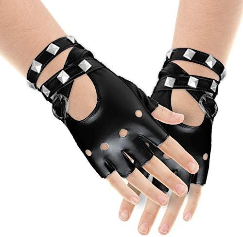 دستکش چرم مصنوعی بدون انگشت Skeleteen - دستکش پانک دوچرخه سواری مشکی با بسته شدن کمربند و طرح پرچ برای زنان و کودکان، مشکی، تک سایز Image