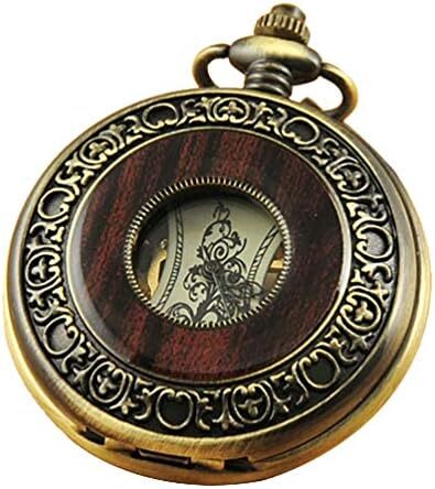 ساعت مچی جیبی مکانیکی مردانه VIGOROSO با طراحی خالی چوبی و زنجیر و جعبه Image