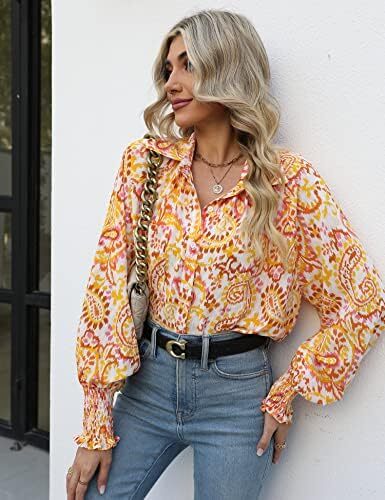 Prettywear زنانه دکمه دار پیراهن فانوس بلند پیراهن آستین بلند سایز بلوز گاه به گاه تاپ چکیده چاپ شده Image