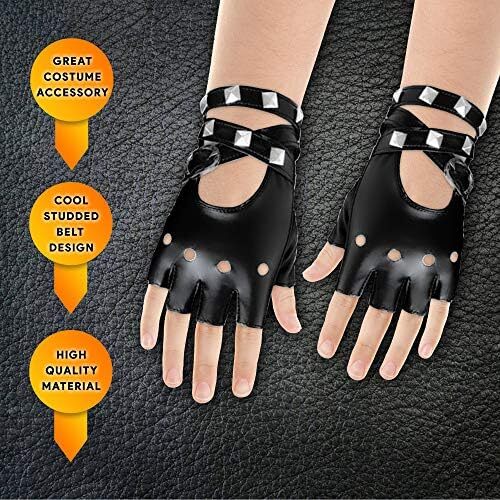 دستکش چرم مصنوعی بدون انگشت Skeleteen - دستکش پانک دوچرخه سواری مشکی با بسته شدن کمربند و طرح پرچ برای زنان و کودکان، مشکی، تک سایز