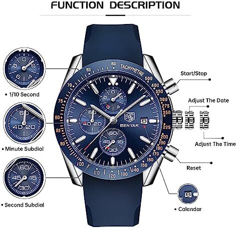 ساعت مچی مردانه BY BENYAR ساعت چند کاره کرونوگراف تاریخ کوارتز مردانه استیل ضد زنگ مشکی/بند چرم قهوه ای آنالوگ ساعت مچی هدیه برای مردان مشاغل معمولی Image