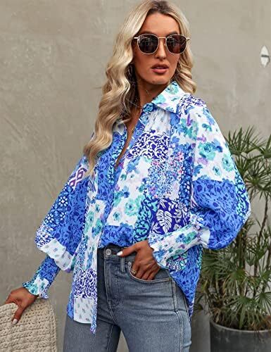 Prettywear زنانه دکمه دار پیراهن فانوس بلند پیراهن آستین بلند سایز بلوز گاه به گاه تاپ چکیده چاپ شده Image