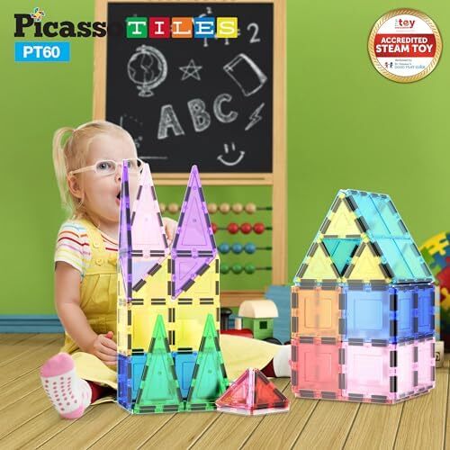 PicassoTiles 60 Piece Piece Magnet Tiles Building Clear Magnetic 3D Building Blocks Playboards - خلاقیت فراتر از تصور، الهام بخش، تفریحی، آموزشی، متعارف 60 Image