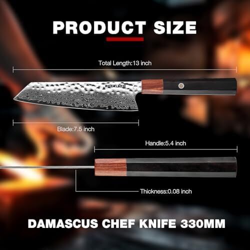WEERLTEM Damascus Chef Knife, Upgraded 8 Inch Professional VG10 Damascus steel Japanese Kiritsuke Knife, Ultra Sharp 67-Layer Damascus Kitchen Knife with Octagonal Red Sandalwood Handle & Gift Box Image