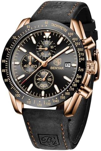 ساعت مچی مردانه BY BENYAR با قابلیت ضد آب تا 100 متر، کرنوگراف، تاریخ‌سنج، بند چرم قهوه‌ای، حرکت کوارتز، ساعت آنالوگ، هدیه‌ای مناسب برای مردان Image