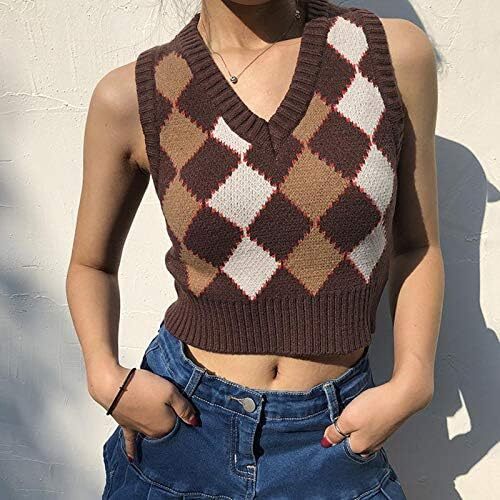 جلیقه ژاکت بافتنی Hyipels Argyle زنانه Y2K لباس بافتنی چهارخانه مدل لباس بافتنی Preppy Style V یقه تاپ تانک دخترانه Image