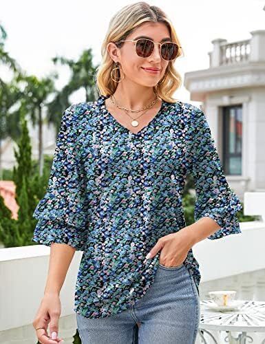 TFSDOD زنانه یقه V یقه 3/4 تاپ آستین زنگ دار یقه یقه دار پیراهن آستین دار یقه دار بلوزهای گشاد تابستانی تابستانی Image
