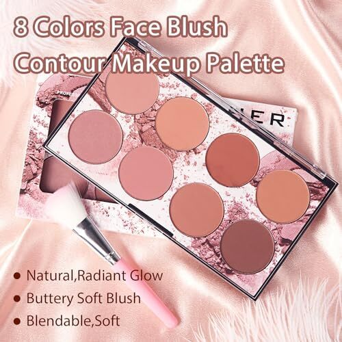 پالت رژگونه، آرایش 8 رنگ کانتور و پالت هایلایت رژگونه مات رژگونه پودر Bright Shimmer Face Cosmetics Blusher پالت رژگونه روشن صورت با برس رژگونه Image