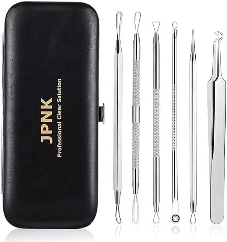 ابزار حذف جوش سرسیاه JPNK، کیت استخراج کومدون، حذف آکنه برای لکه، جوش سرسفید، ۶ عدد ابزار حذف جوش برای بینی و صورت با یک کیف چرمی