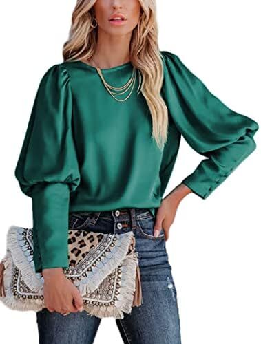 بلوز ساتن زنانه شیگانت پیراهن ابریشمی آستین بلند یقه خدمه تاپ تونیک کاری تجاری Image