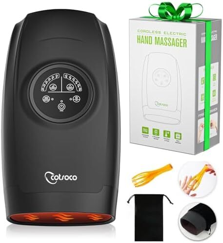 ماساژور برقی دستی با حرارت، دستگاه ماساژ انگشت بی‌سیم با 6 سطح برای درمان دست، ماساژور مچ برای تسکین درد آرتروز و تونل کارپ (مشکی)