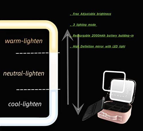 کیسه آرایش ONECIRCLE با آینه LED، کیسه آرایش 3 قابل تنظیم روشنایی با آینه و تقسیم کننده مناسب برای جواهرات، روغن ضروری، نگهداری لوازم آرایش و آرایش روزانه (AE-SQ-صورتی) Image