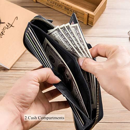 کیف پول مردانه RFID چرم اصل BULLCAPTAIN با ظرفیت بزرگ کارت شناسایی با جیب سکه زیپ QB-231، مشکی، کوچک، مینیمالیستی Image