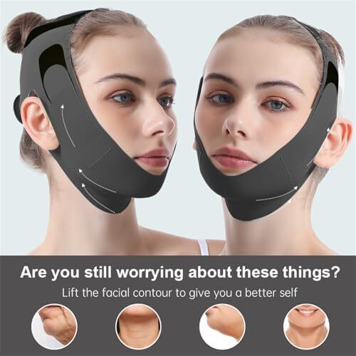 بند چانه برای خواب، نوار لیفت صورت برای چانه دوگانه برای زنان، ماسک لیفتینگ V خطی قابل استفاده مجدد، کمربند باریک کننده صورت قابل تنظیم، ورزش دهان، شکل دهنده خط فک، ضد افتادگی، مشکی M Image