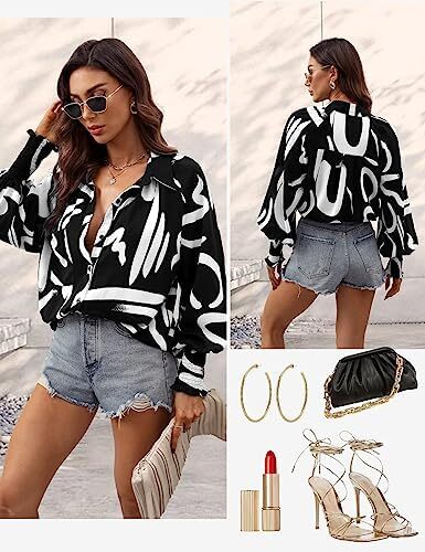 Prettywear زنانه دکمه دار پیراهن فانوس بلند پیراهن آستین بلند سایز بلوز گاه به گاه تاپ چکیده چاپ شده Image