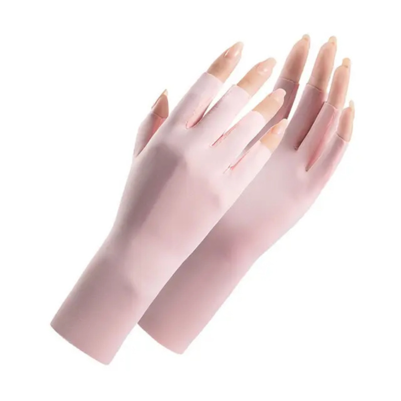 دستکش  ضد برنزه شدن UV Protection Gloves مخصوص مانیکور با +UPF50 صورتی رنگ، محافظ پوست دست در برابر اشعه‌های مضر خورشید در زمان کاشت ناخن، ژل، لاک ژل و کار با دستگاه UV/LED Image