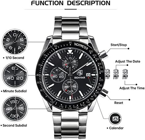 ساعت مچی مردانه BY BENYAR ساعت چند کاره کرونوگراف تاریخ کوارتز مردانه استیل ضد زنگ مشکی/بند چرم قهوه ای آنالوگ ساعت مچی هدیه برای مردان مشاغل معمولی Image