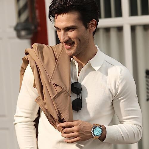 ساعت مچی مردانه BY BENYAR ساعت چند کاره کرونوگراف تاریخ کوارتز مردانه استیل ضد زنگ مشکی/بند چرم قهوه ای آنالوگ ساعت مچی هدیه برای مردان مشاغل معمولی Image