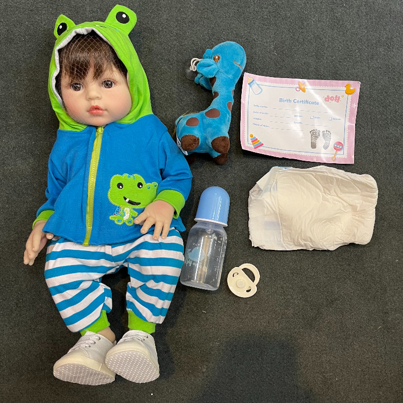 عروسک سیلیکونی وینیل واقعی 18 اینچی(45 سانتیمتر)با لباس آبی رنگ و به همراه عروسک کوچک و لوازم جانبی برای سن +۳ Image