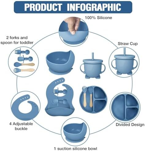 ست feeding سیلیکونی نوزاد، لوازم تغذیه با کاسه مکشی و بشقاب تقسیم شده، ست ظرف خود تغذیه کودک با قاشق، چنگال، لیوان ساکت و پیشبند قابل تنظیم، لوازم غذایی نوزاد (10 قطعه)