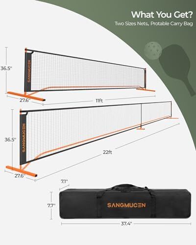 توری پیکلبال SANGMUCEN، ست توری پیکلبال با سایز تنظیمی 22 FT و شبکه نیمه زمین 11 FT، توری قابل حمل Pickleball برای زمین درایو، قاب فلزی مقاوم در برابر آب و هوا، توری پلی اتیلن قوی Image