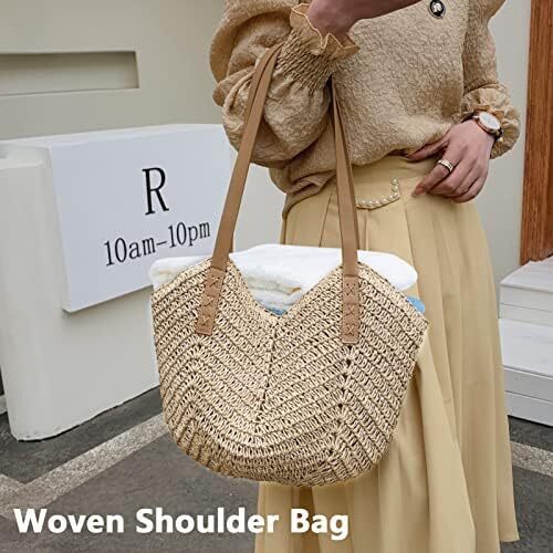کیف دستی حصیری با ظرفیت بزرگ Aktudy، کیف دستی شانه ای توخالی برای زنان کیف ساحلی مسافرتی تابستانی Image