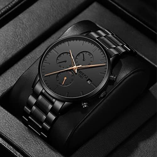 ساعت‌های مردانه NIBOSI ساعت‌های مینیمالیستی آنالوگ مشکی ساعت‌های مردانه تجاری کرنوگراف ساعت‌های مچی معمولی نظامی ساعت‌های مچی استیل ضد زنگ تاریخ Image