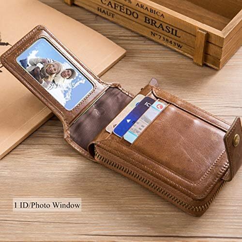 کیف پول مردانه RFID چرم اصل BULLCAPTAIN با ظرفیت بزرگ کارت شناسایی با جیب سکه زیپ QB-231، قهوه ای، کوچک، مینیمالیستی Image