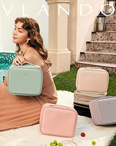 Vlando 1 ست کیف آرایشی و کیف رول جواهرات، کیف مسافرتی چرم PU صورتی Image