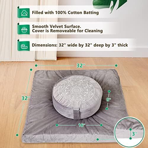 کوسن مدیتیشن Hihealer-بالش مدیتیشن سنتی تبتی با روکش مخملی ممتاز قابل شست‌و‌شوی جوگندمی جوگندمی ممتاز-صندلی بالشتک کف بزرگ برای بزرگسالان، زنان (آبی آرام) Image