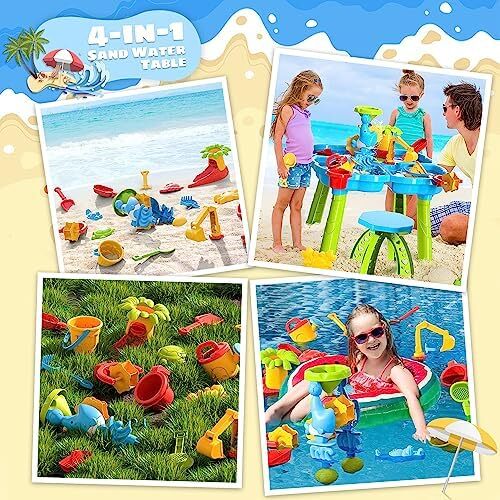 میز آب کودکان ERTYU 4 در 1 میز آب شنی اسباب بازی های فضای باز برای کودکان نوپا میزهای بازی آبی کودکان و نوجوانان اسباب بازی های ساحلی تابستانی هدایای تولد اسباب بازی های پسرانه دخترانه 3 تا 9 ساله (4 در 1 میز آبی) Image