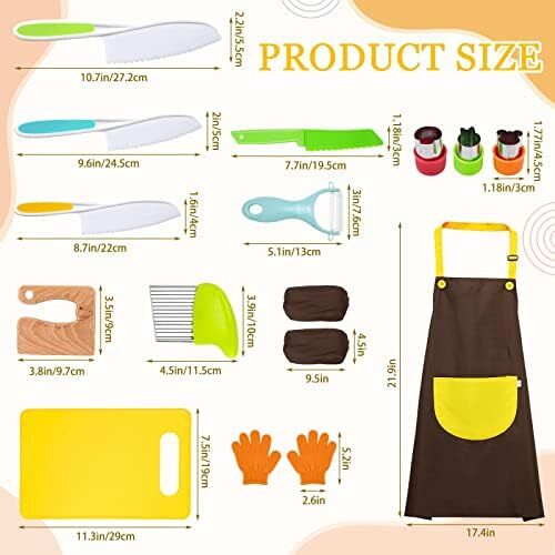 RISICULIS 14 Pieces toddler knife, Kids Knife Set Include Wood Kids Safe Knife, Plastic Toddler Knife, Cutting Board, Apron, Y Peeler, Crinkle Cutter, Kitchen Sleeves Covers, Gloves, Sandwich Cutter Image