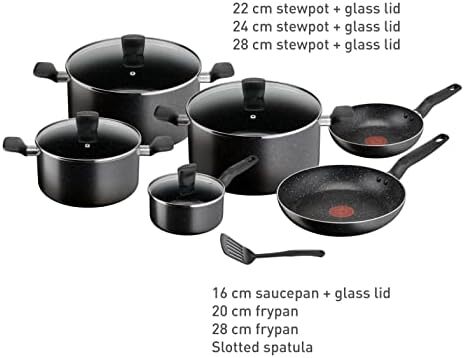 TEFAL Cookware Set | Dark Stone 11 pc Cooking set |Non-stick | Stewpots 22/24/28 cm, saucepan 16 cm, frypans 20/28 cm, slotted spatula | With Thermo Signal | Aluminium | 2 Year Warranty | B491BS85 Image